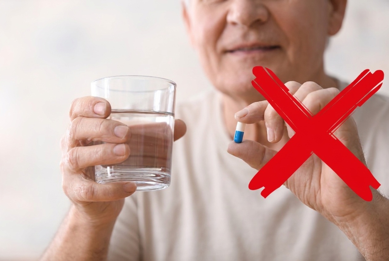 An older man holding a pill and a glass of water, crossed out with a red X